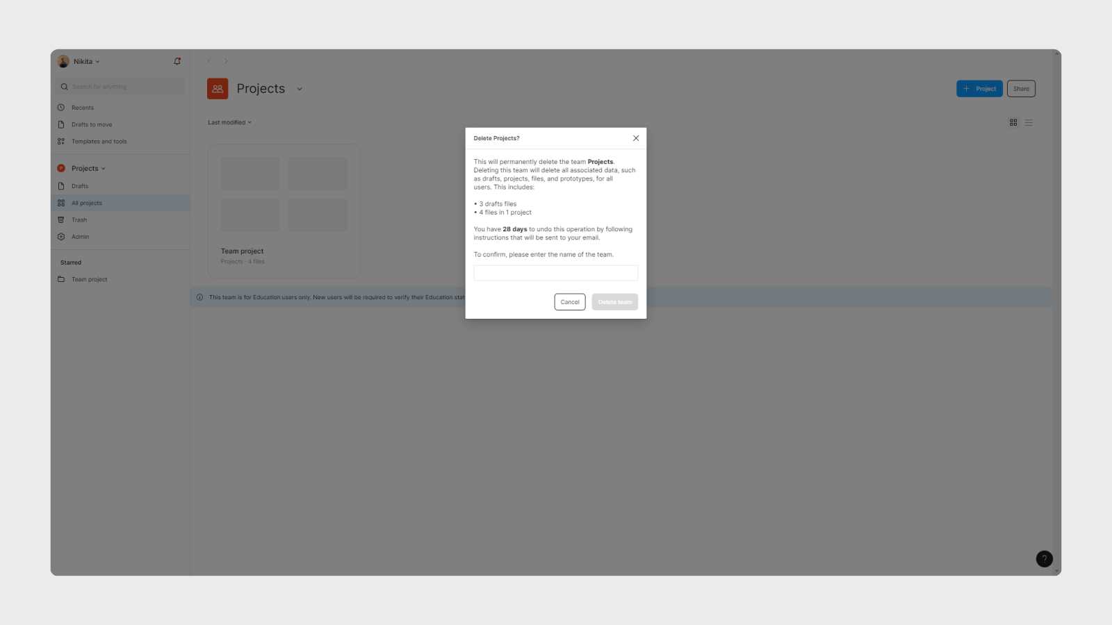 Подтверждение удаления команды в интерфейсе Figma Всплывающее окно удаления команды в UI Figma
