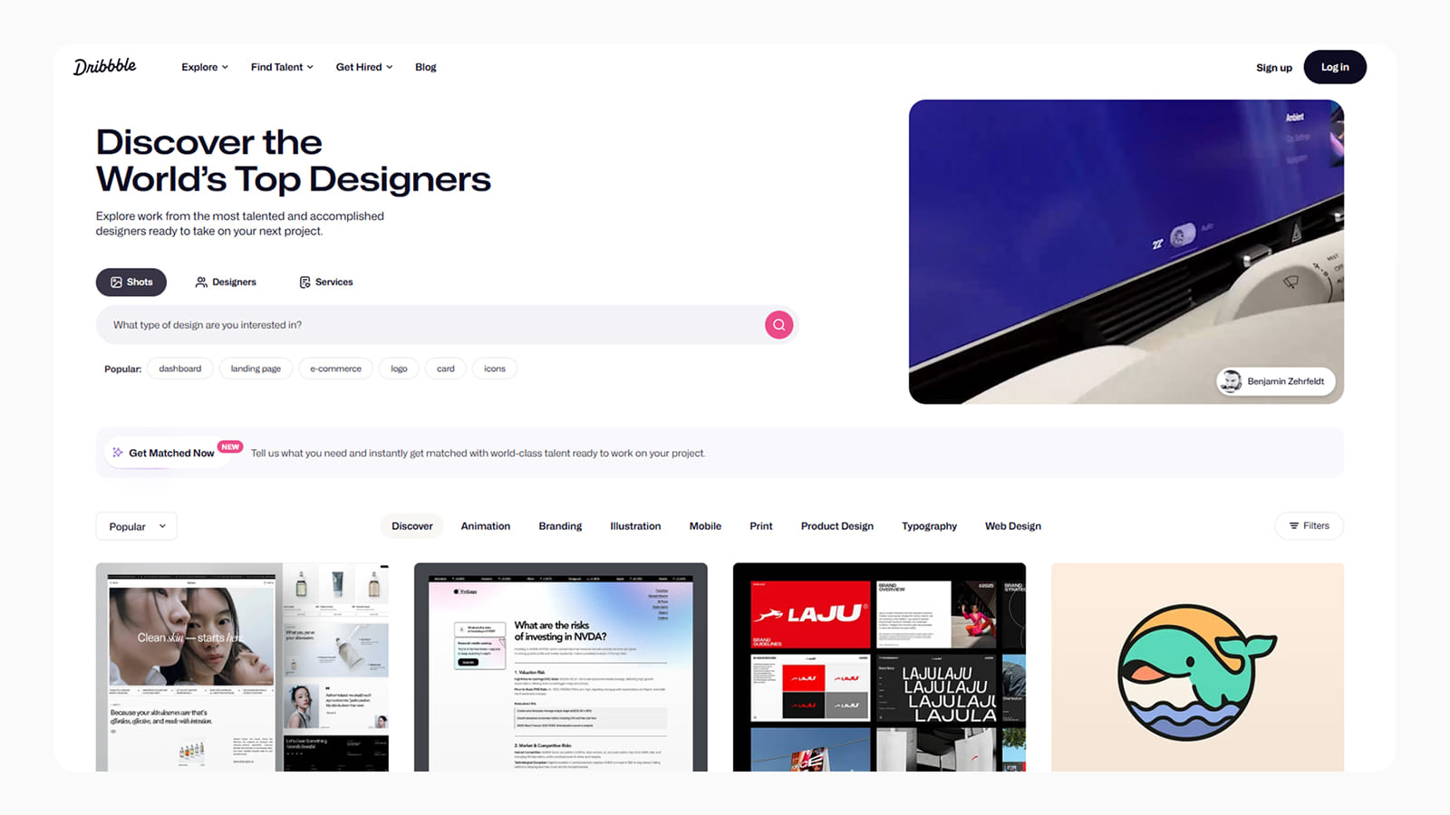 Интерфейс главной страницы сайта Dribbble
