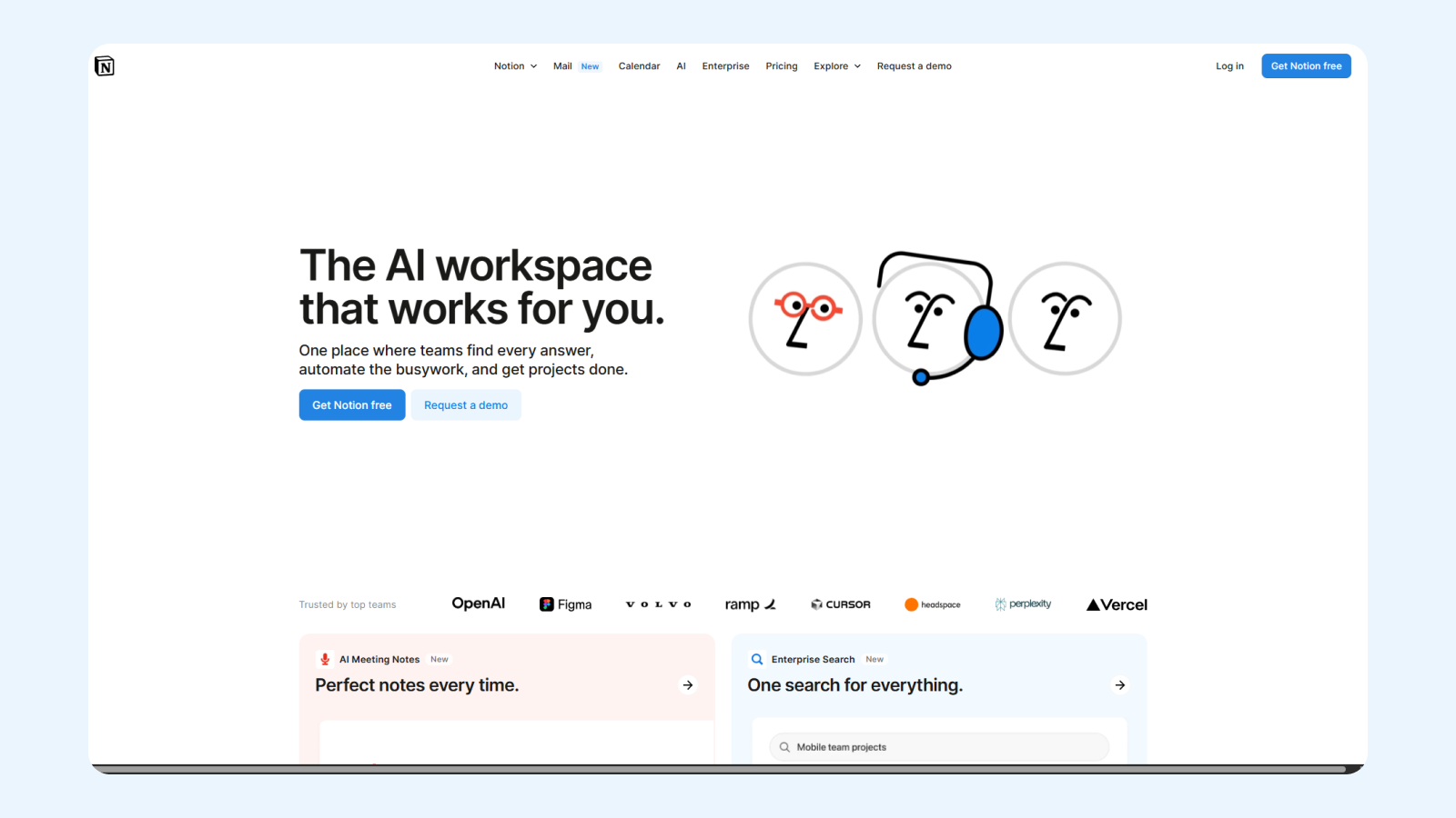 Фрагмент минималистичного интерфейса Notion UI дизайн первого экрана на сайте Notion