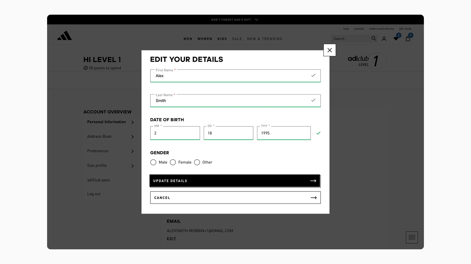 Пример индикаторов правильности введенных данных в дизайне сайта Adidas