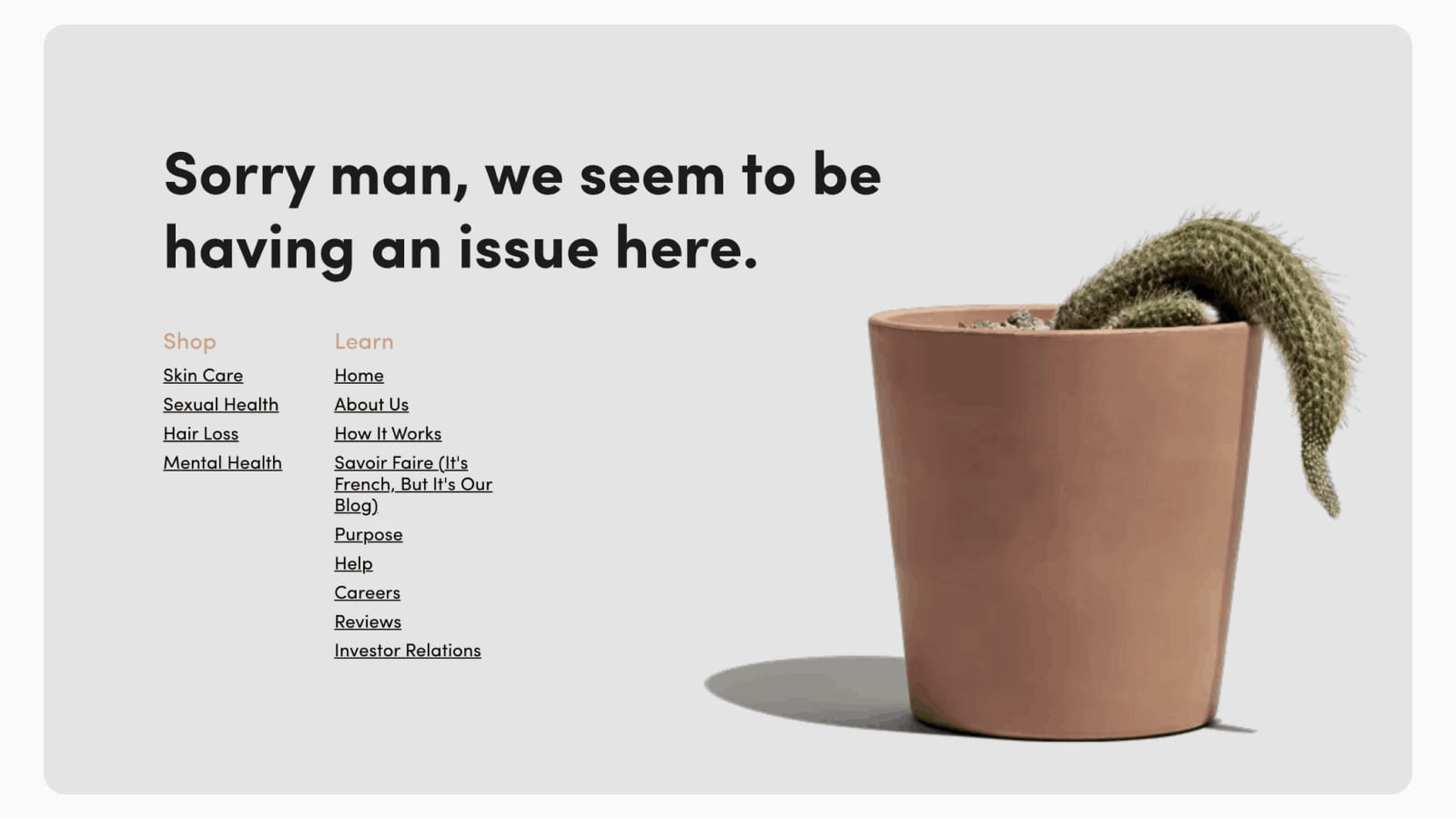 Ироничная метафора на сайте Hims на странице 404-й