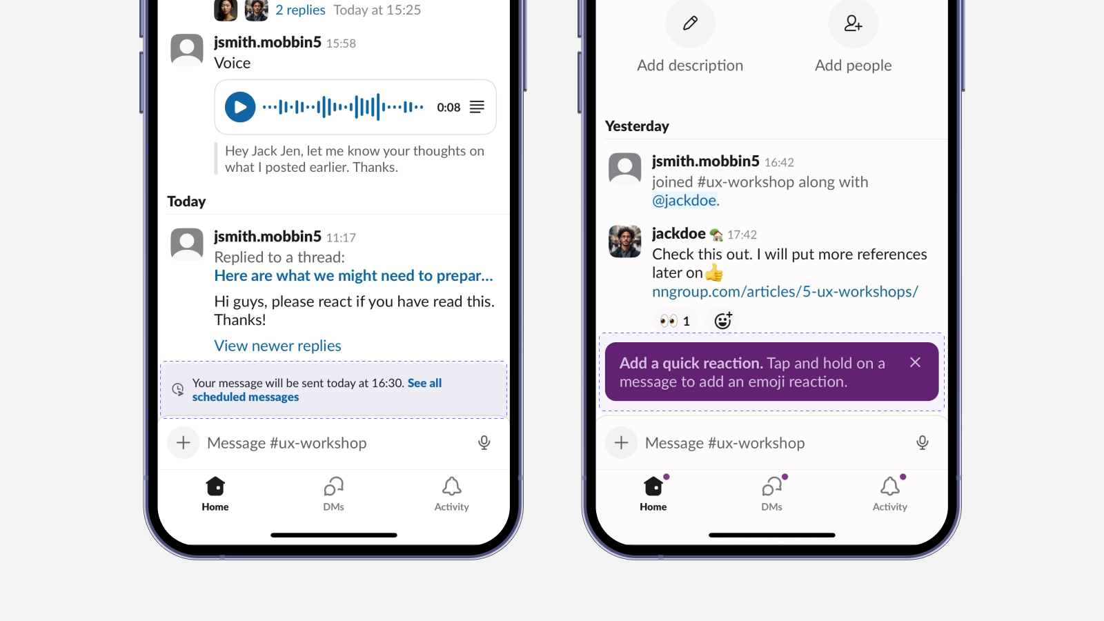 Разные виды tooltips в приложении Slack