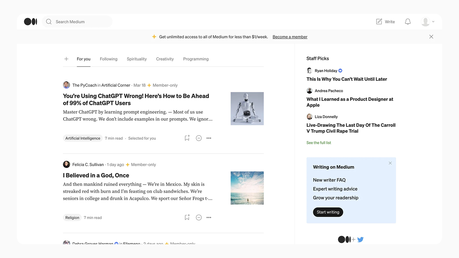Интерфейс главной страницы сайта Medium Пример читабельного шрифта на сайте Medium