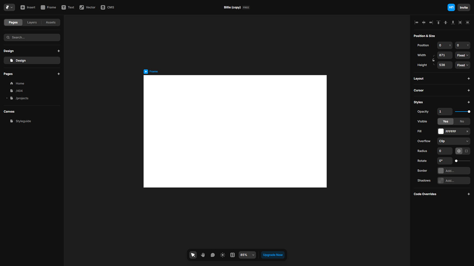 Пример интерфейса Design Pages во Framer