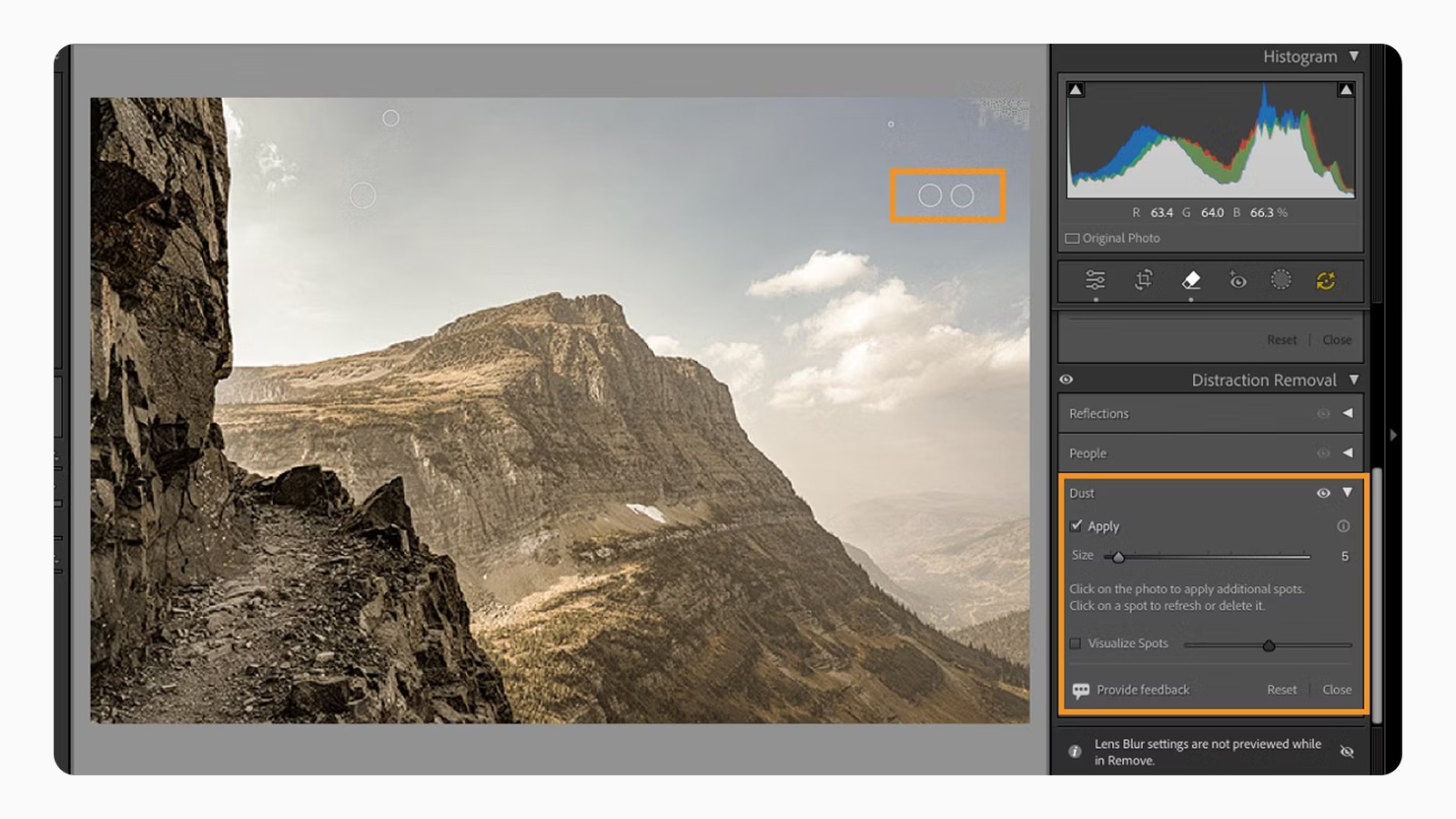 Дизайн инструмента Dust внутри Lightroom