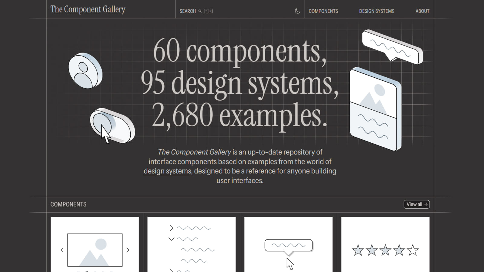 Интерфейс сайта The Component Gallery Фрагмент дизайна главной страницы сайта The Component Gallery