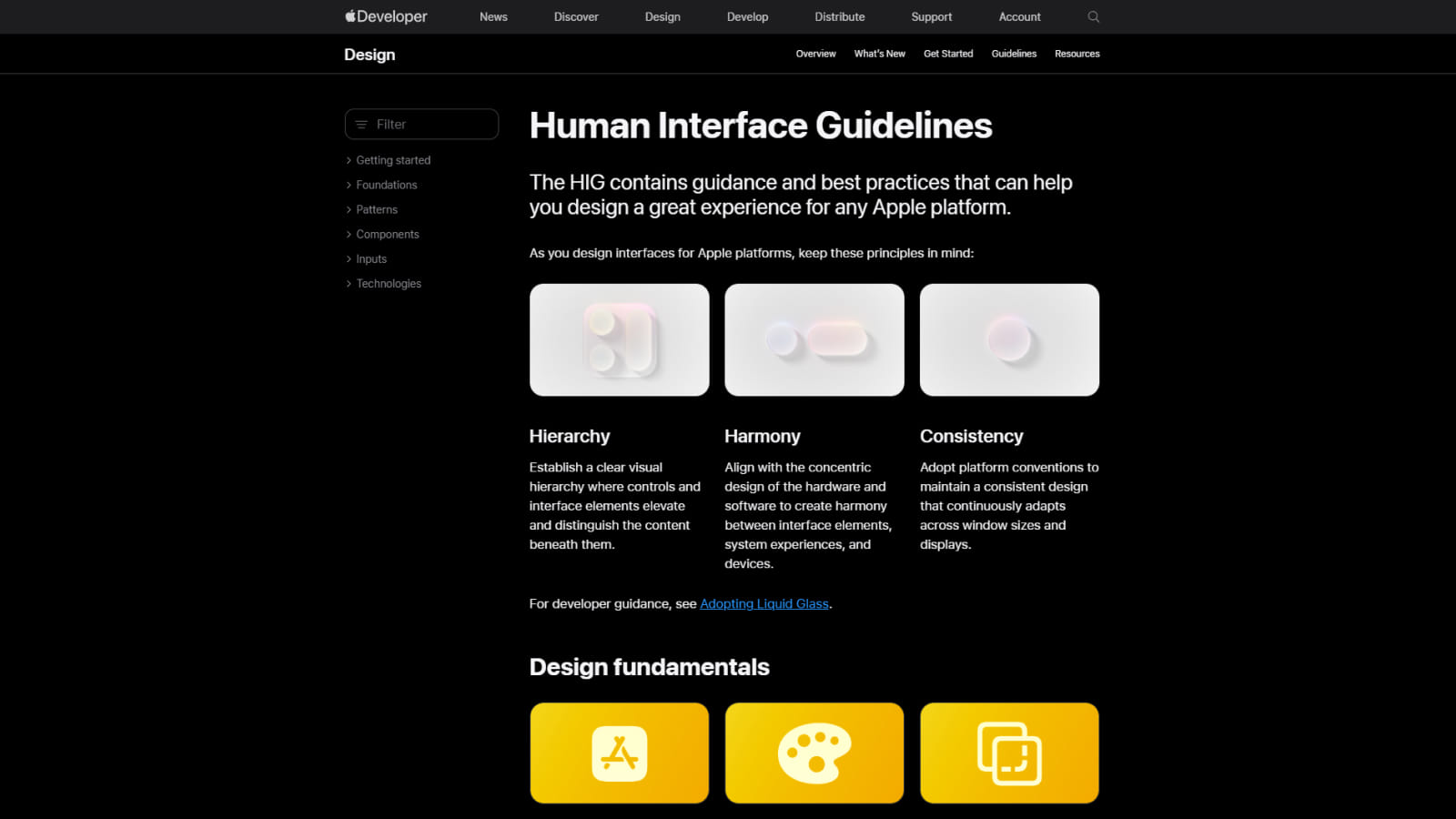 Фрагмент дизайна сайта Apple с оформлением гайдлайнов HIG