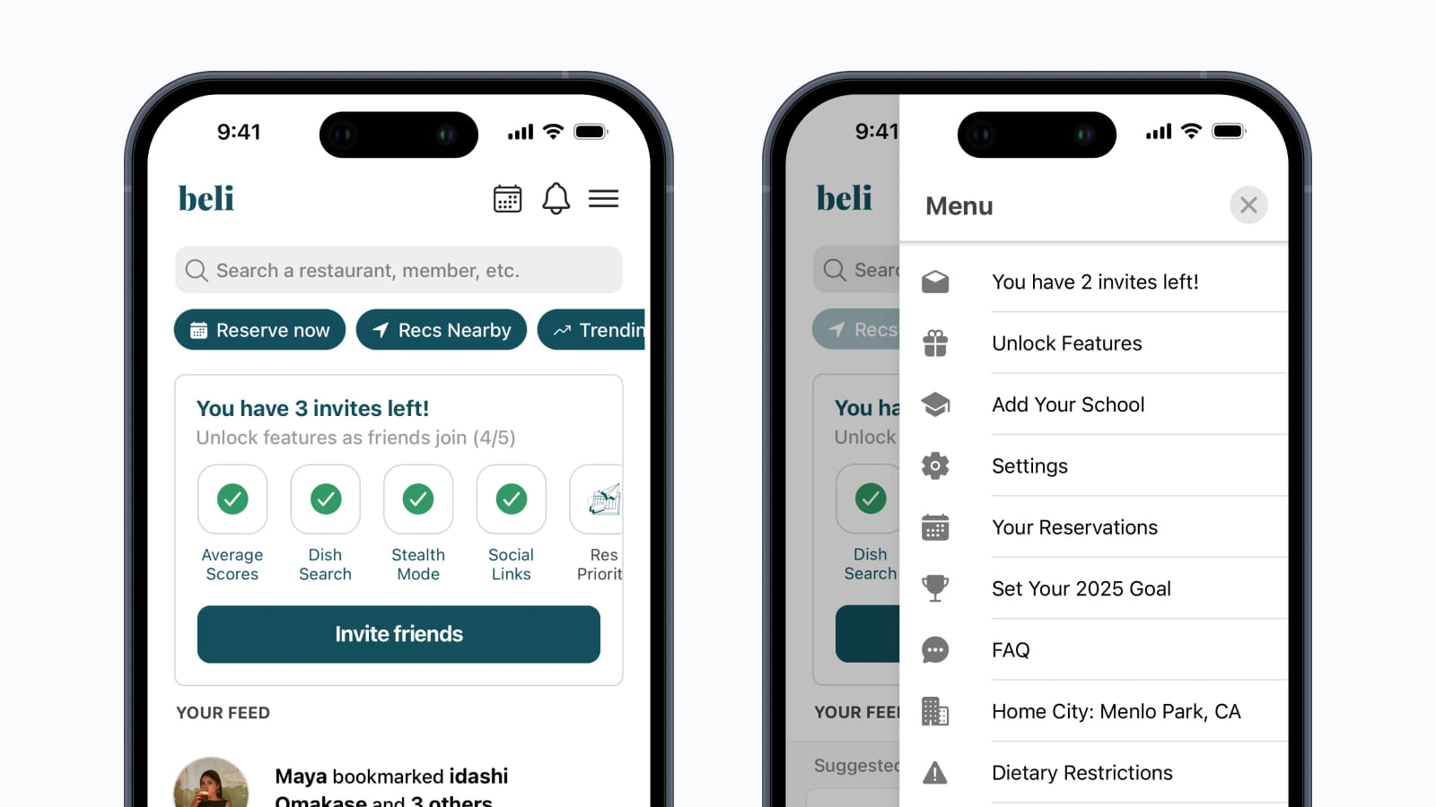 Дизайн бургер-меню в приложении Beli