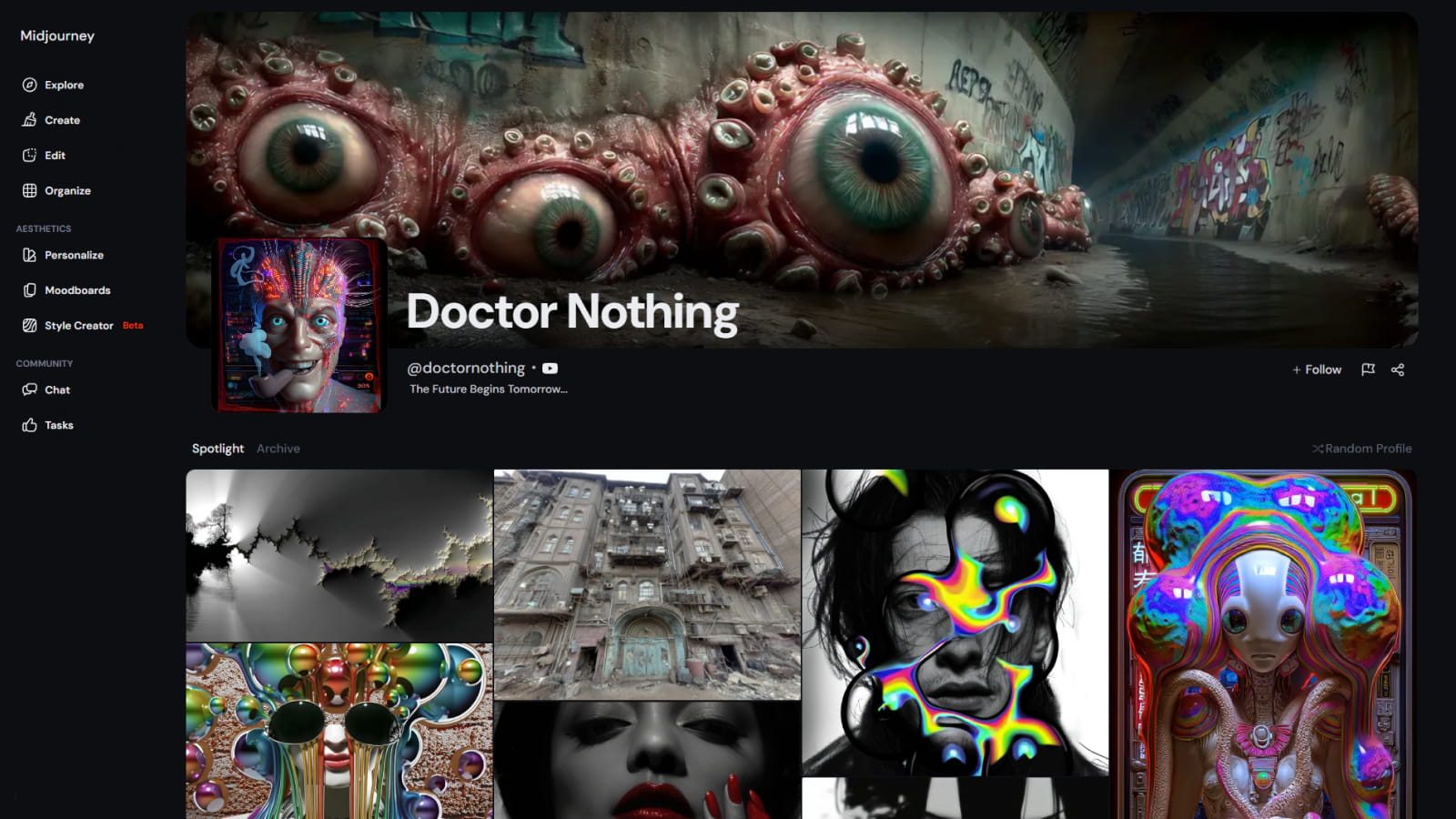 Фрагмент интерфейса Midjourney с профилем пользователя Дизайн страницы профиля пользователя в Midjourney