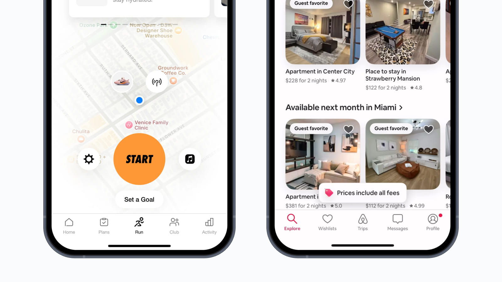 Примеры дизайна навигации в приложениях Nike run club и Airbnb