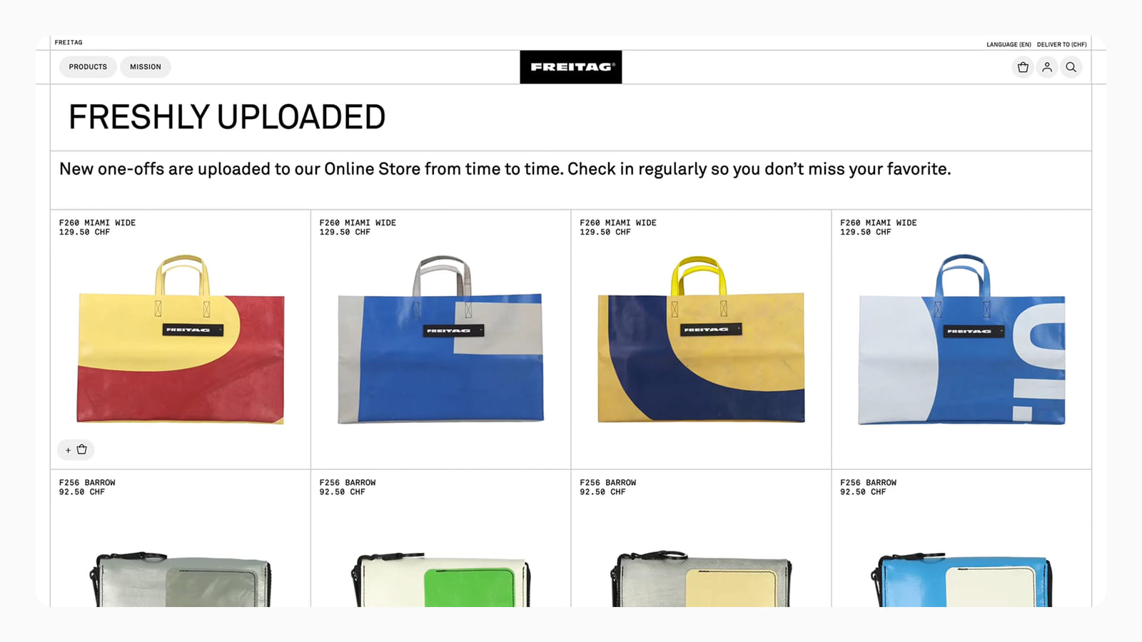 Интерфейс карточек товаров на сайте FREITAG Дизайн карточек товара в интерфейсе FREITAG