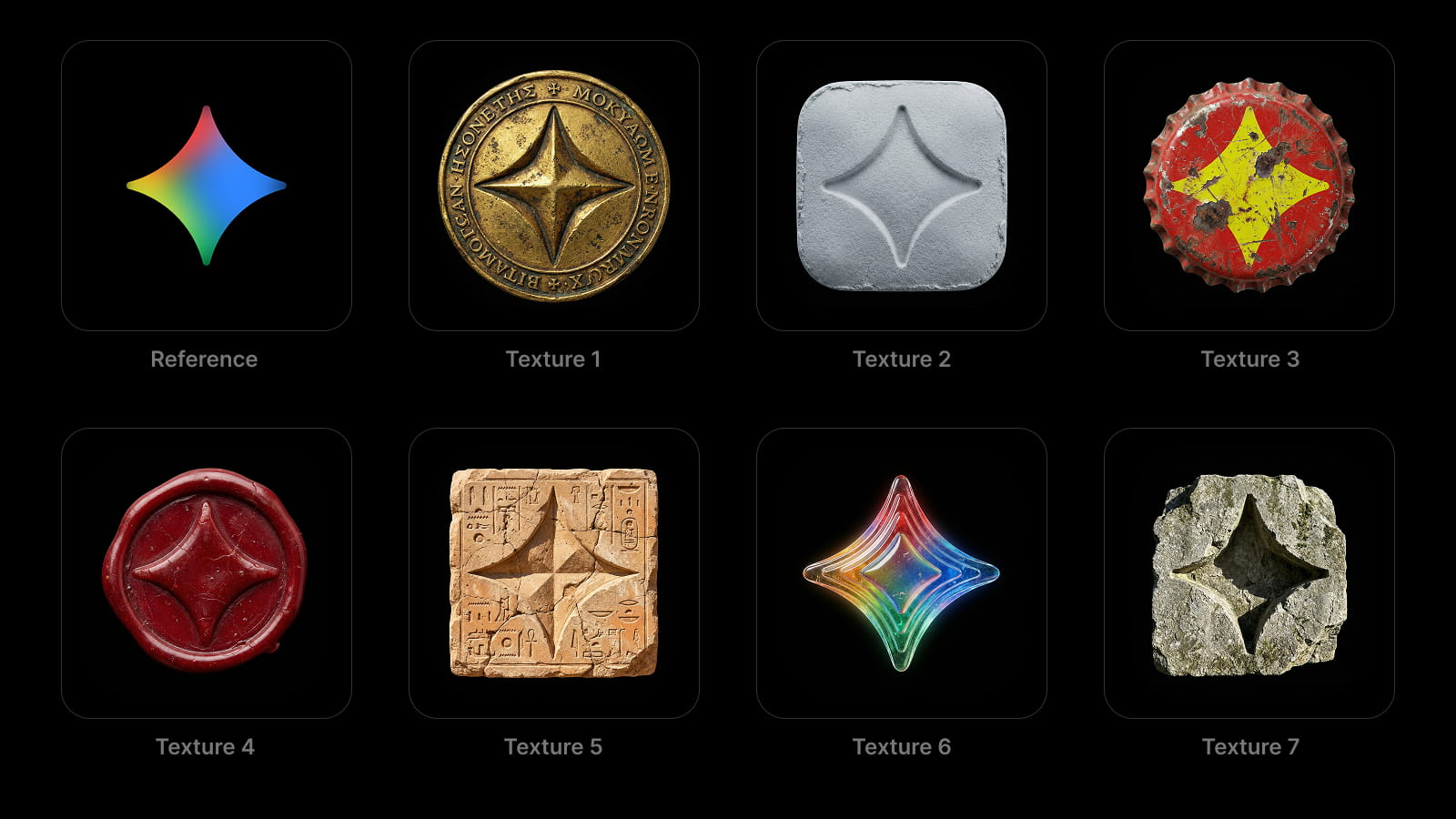 Дизайн разных текстур логотипа Gemini, созданных с помощью AI Дизайн разных текстур логотипа Gemini, созданных с помощью NanoBanana