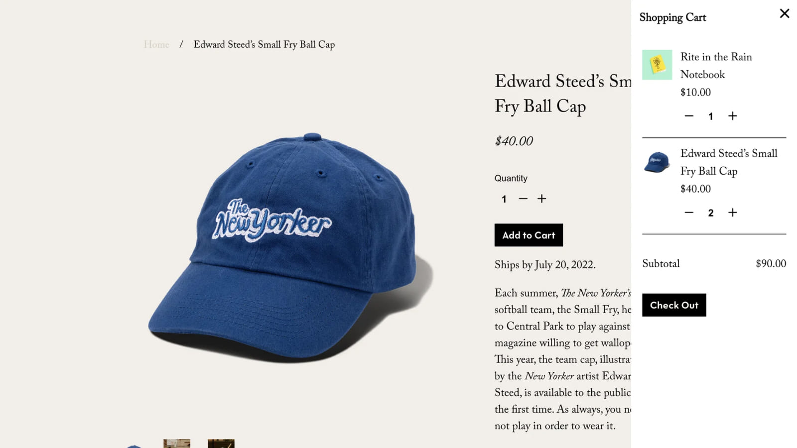 Пример slide-out cart в интерфейсе магазина The New Yorker